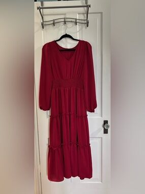 Red Long-Sleeve Tiered V-Neck Midi Dress